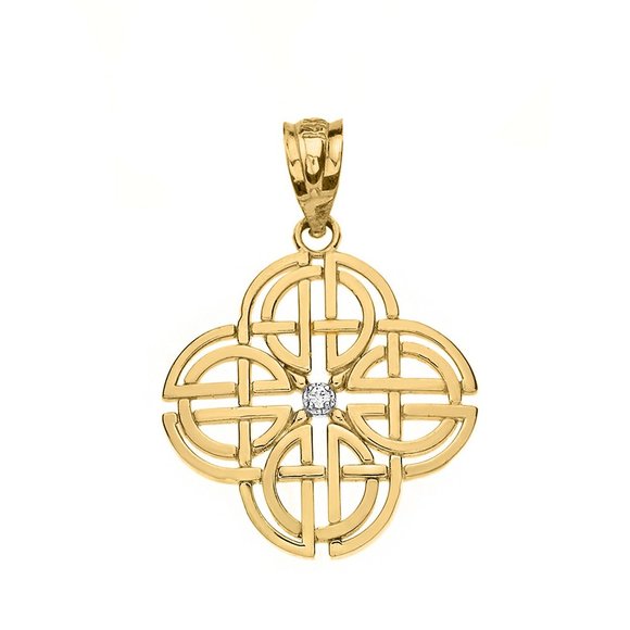 14K Solid Gold Diamond Celtic Knot Geometric Circular Pendant